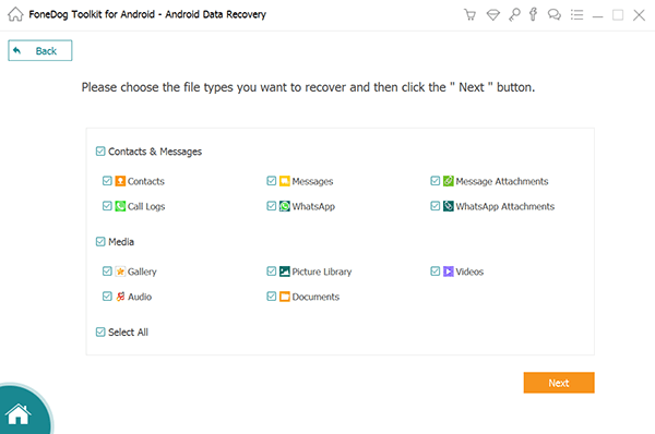 Select Data Types to Recover on Android Device